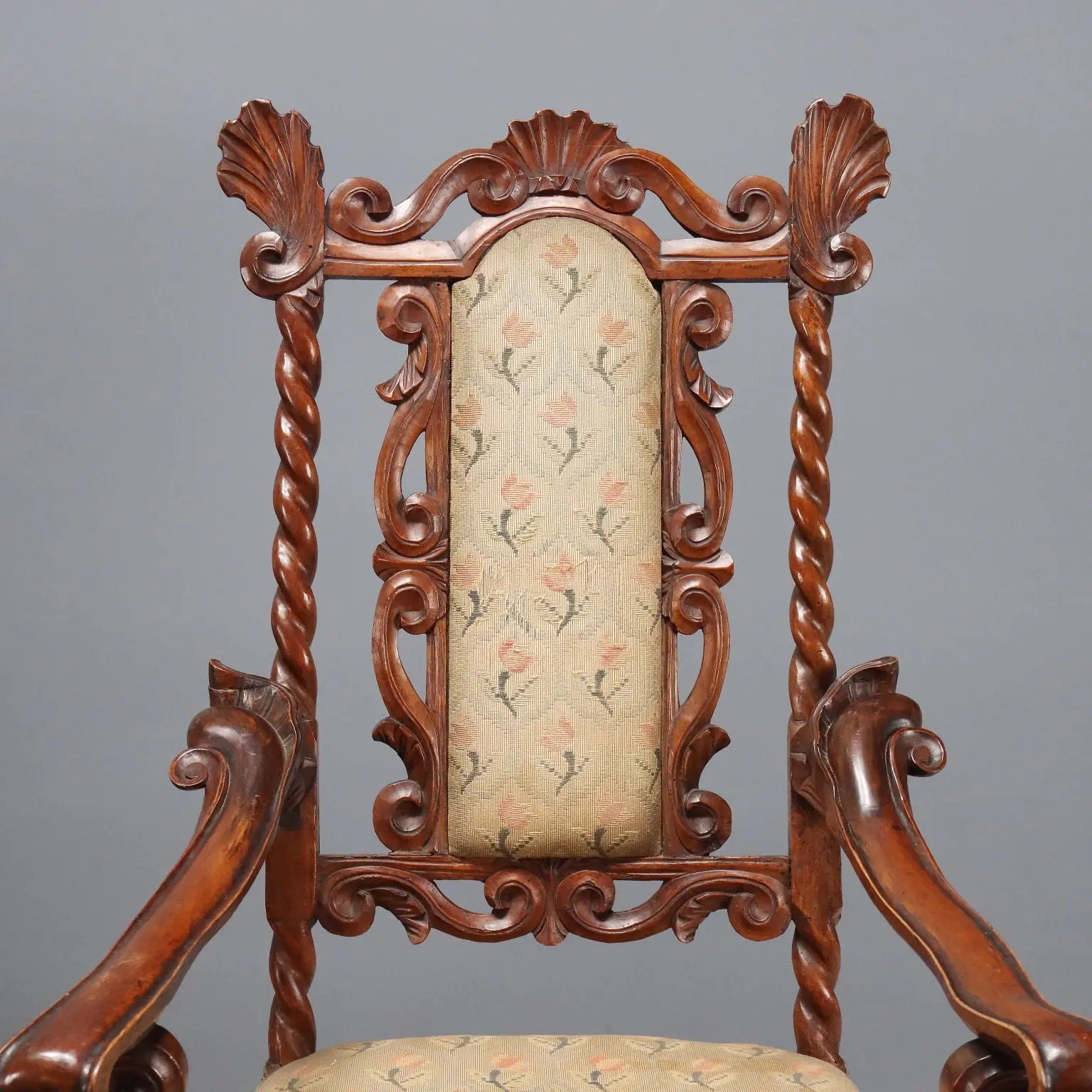 Antique Baroque Armchairs Walnut Fabric Italy XVII Century