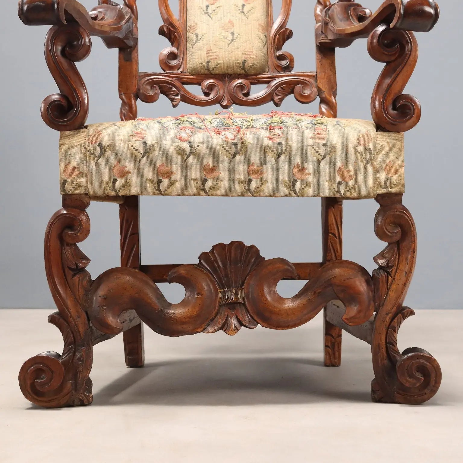 Antique Baroque Armchairs Walnut Fabric Italy XVII Century