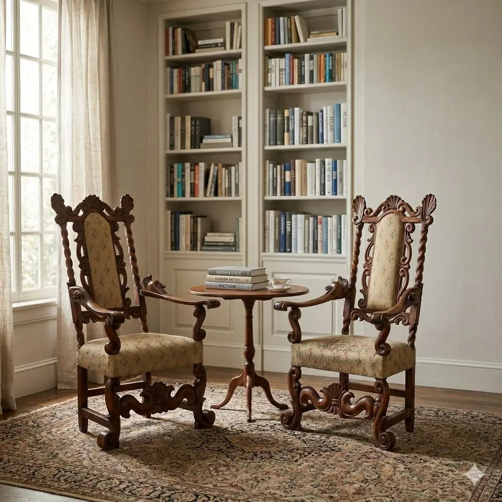 Antique Baroque Armchairs Walnut Fabric Italy XVII Century