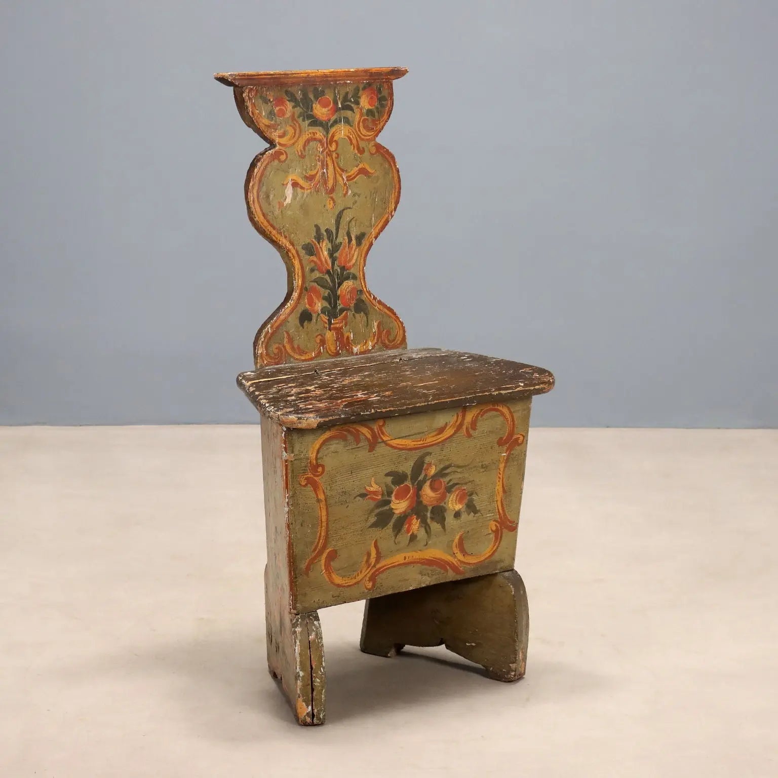 Antique Chair Lacquered Fir Flower Decorations XIX Century