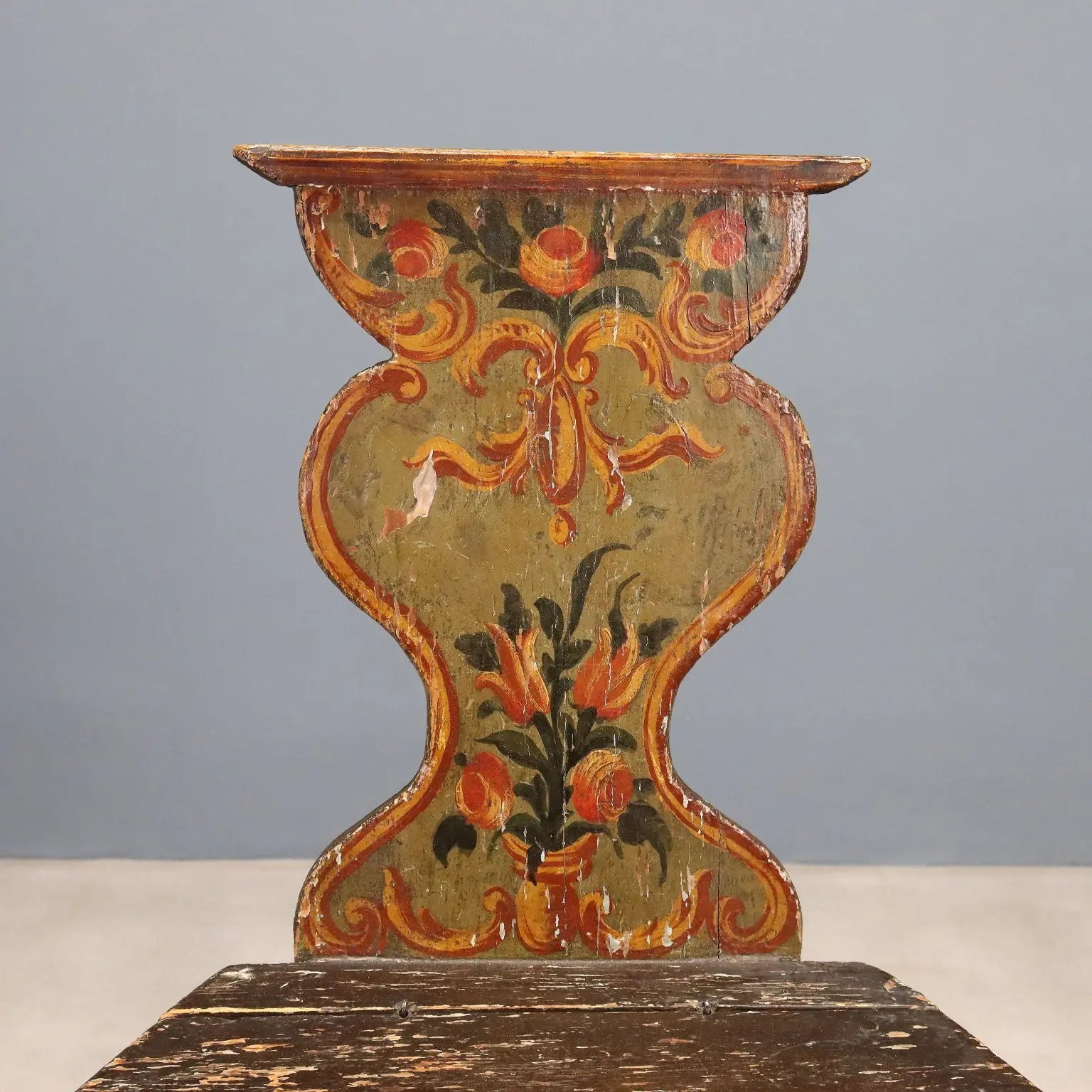 Antique Chair Lacquered Fir Flower Decorations XIX Century