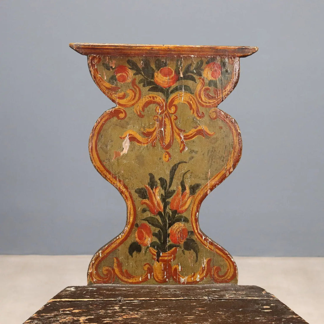 Antique Chair Lacquered Fir Flower Decorations XIX Century