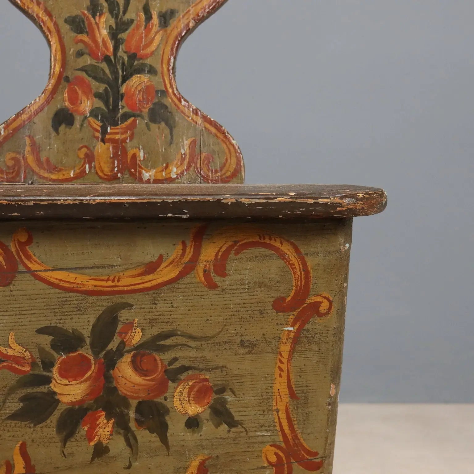 Antique Chair Lacquered Fir Flower Decorations XIX Century