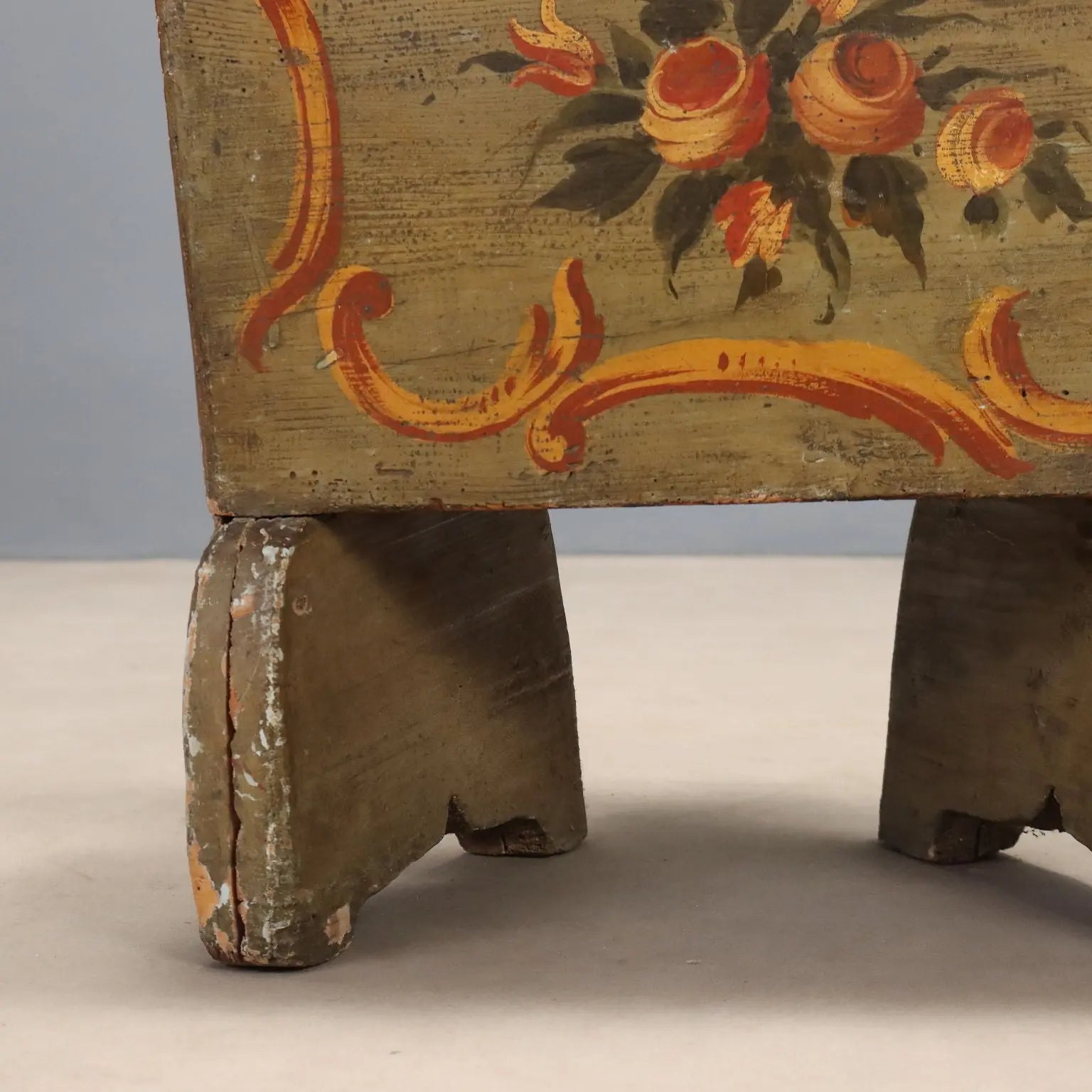 Antique Chair Lacquered Fir Flower Decorations XIX Century