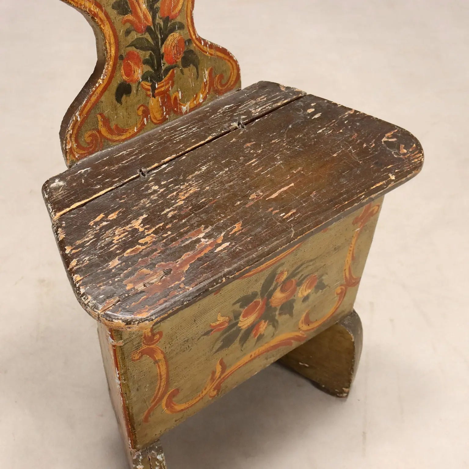 Antique Chair Lacquered Fir Flower Decorations XIX Century