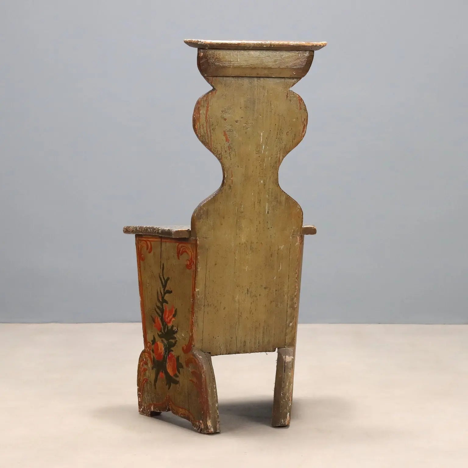 Antique Chair Lacquered Fir Flower Decorations XIX Century
