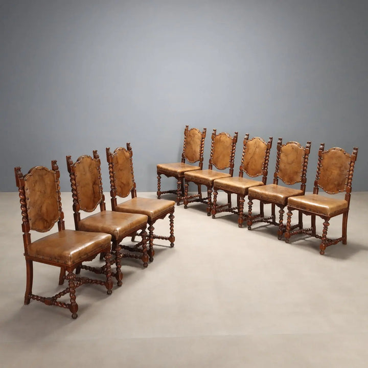 Antique Chairs Walnut Leather with Studs Italy XIX Century