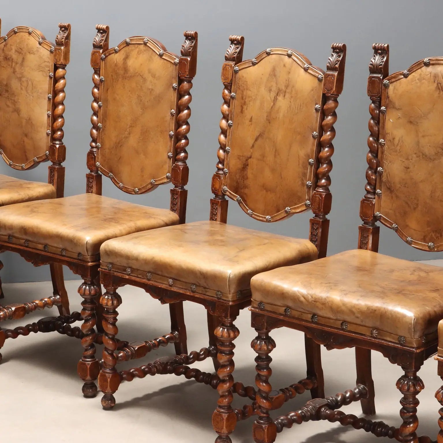 Antique Chairs Walnut Leather with Studs Italy XIX Century
