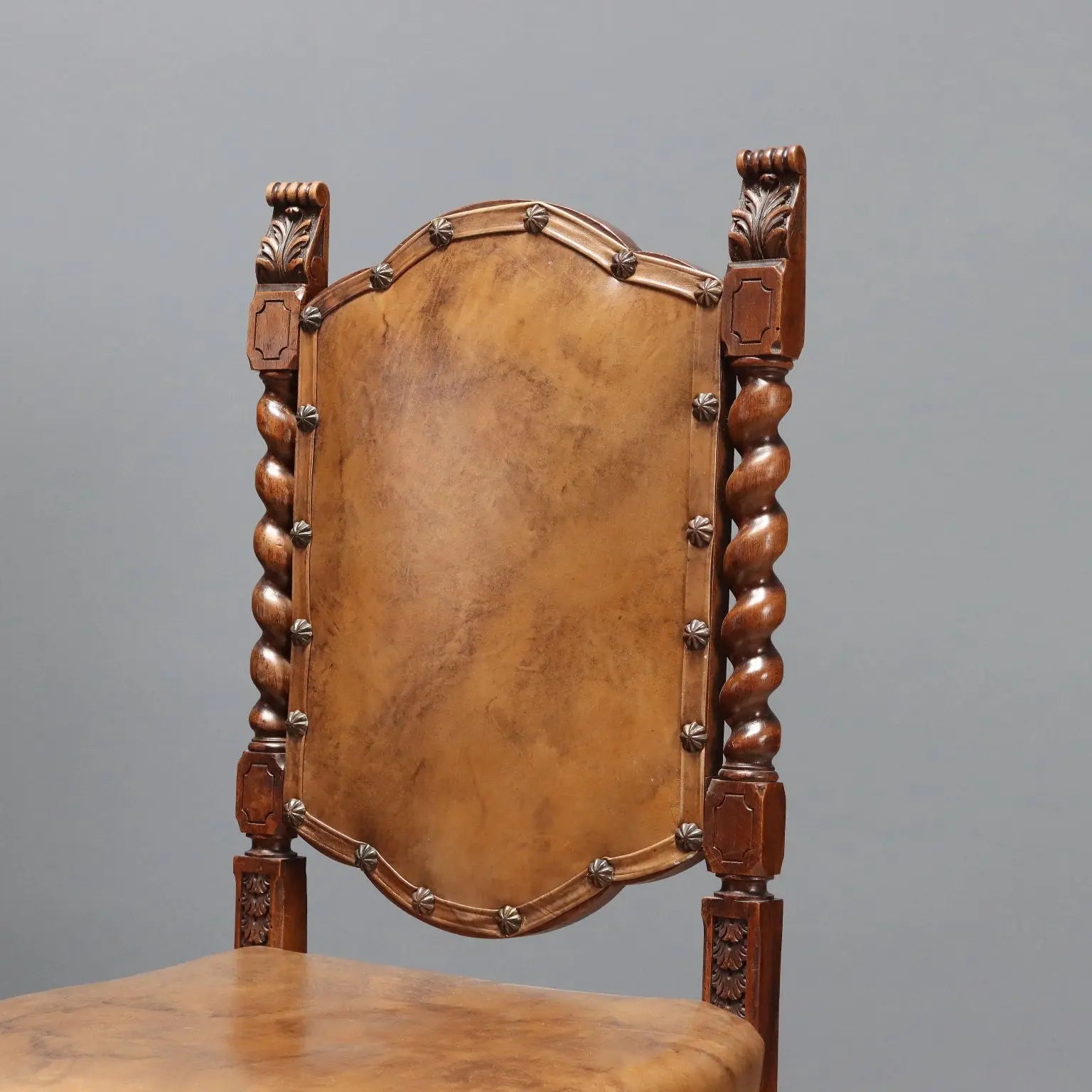 Antique Chairs Walnut Leather with Studs Italy XIX Century