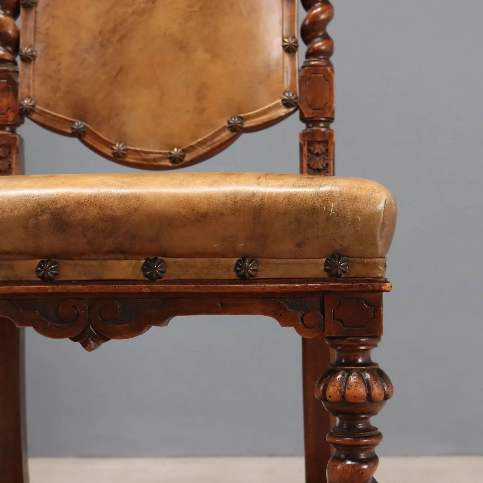Antique Chairs Walnut Leather with Studs Italy XIX Century
