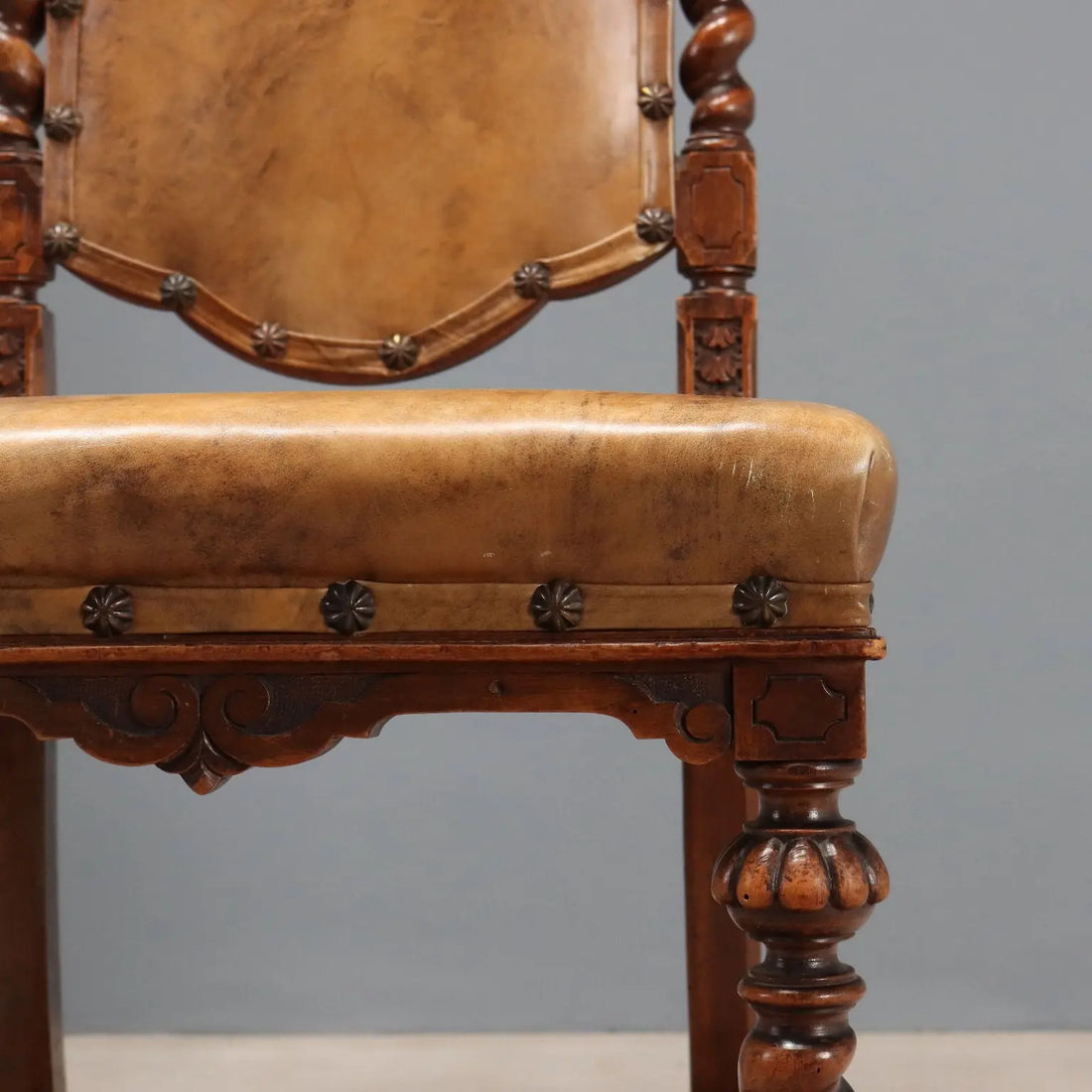 Antique Chairs Walnut Leather with Studs Italy XIX Century