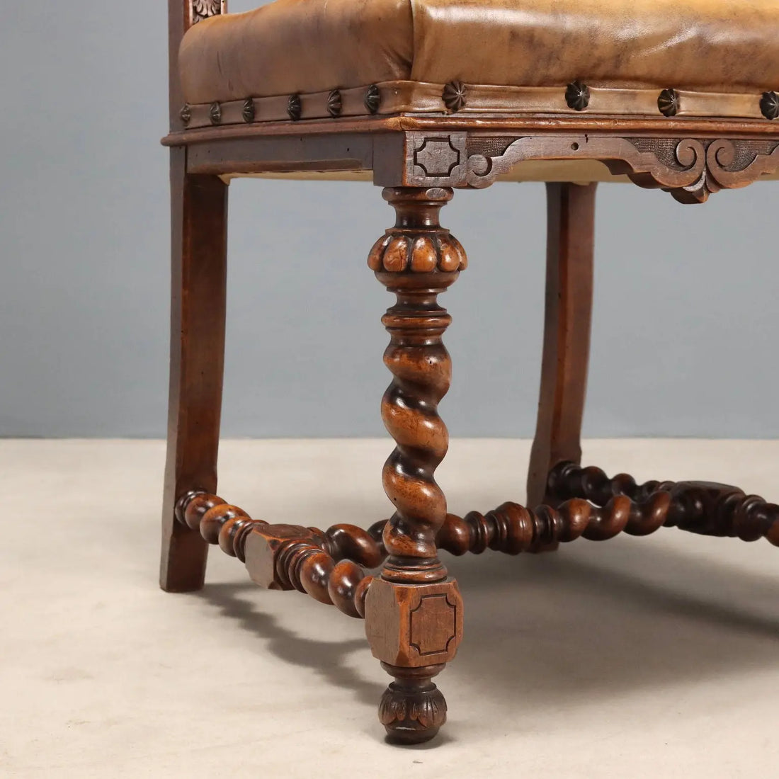Antique Chairs Walnut Leather with Studs Italy XIX Century