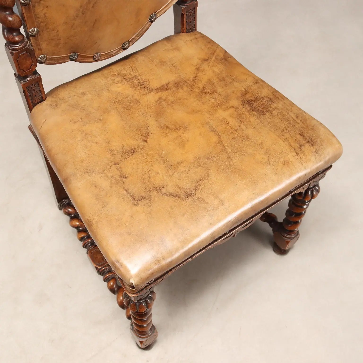 Antique Chairs Walnut Leather with Studs Italy XIX Century