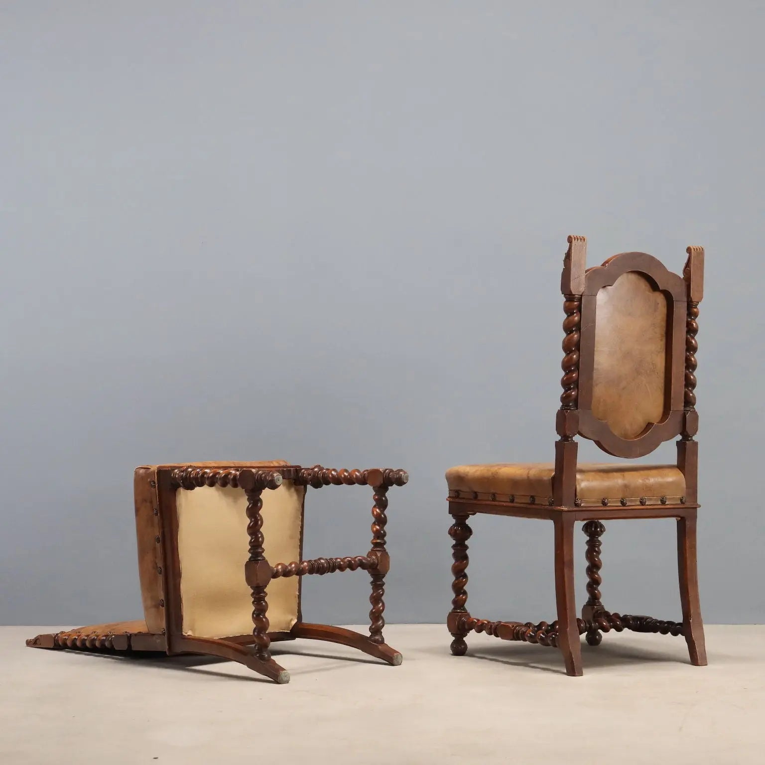 Antique Chairs Walnut Leather with Studs Italy XIX Century