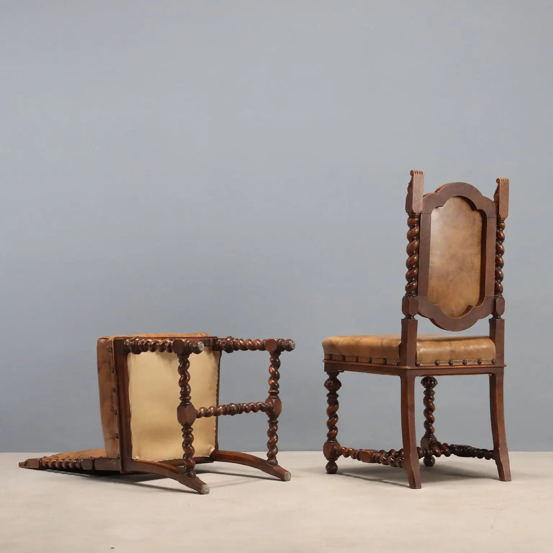 Antique Chairs Walnut Leather with Studs Italy XIX Century