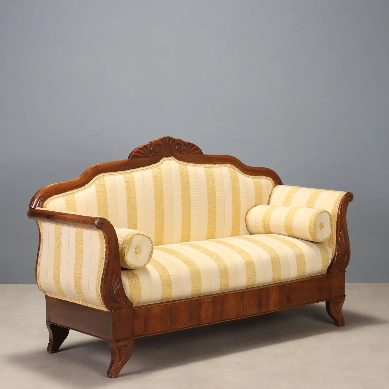 Antique Sofa Walnut Carvings Fabric Italy XIX Century