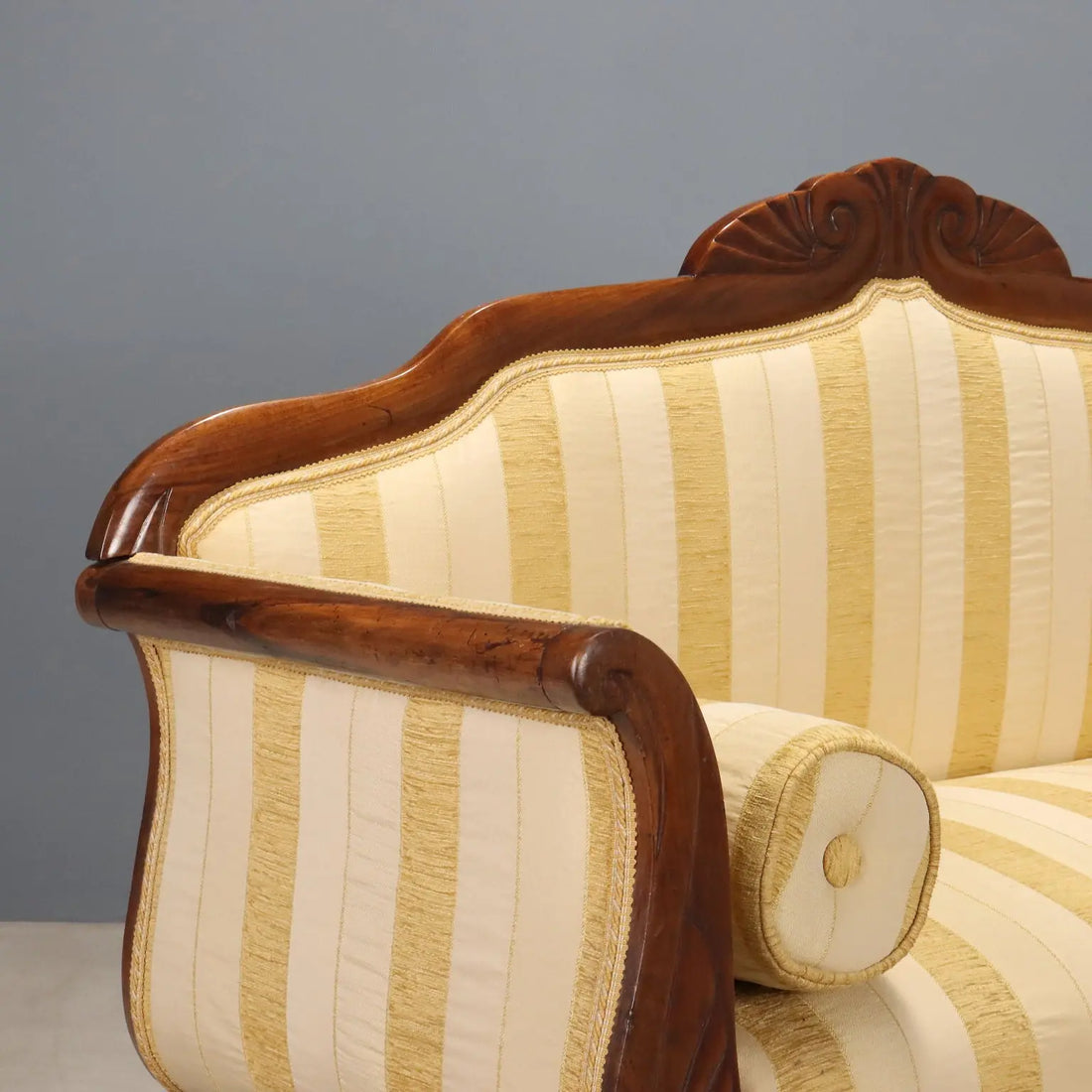Antique Sofa Walnut Carvings Fabric Italy XIX Century