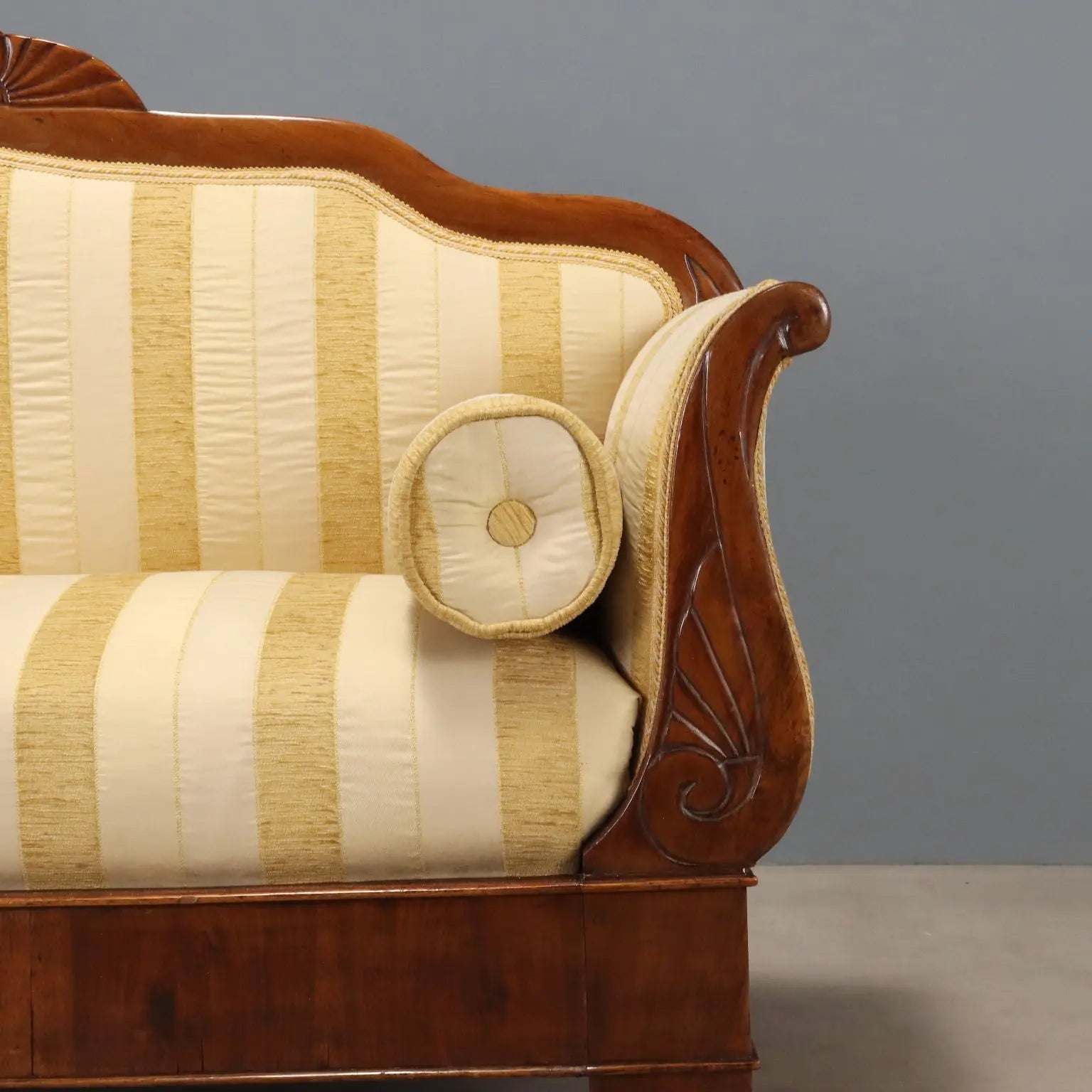 Antique Sofa Walnut Carvings Fabric Italy XIX Century