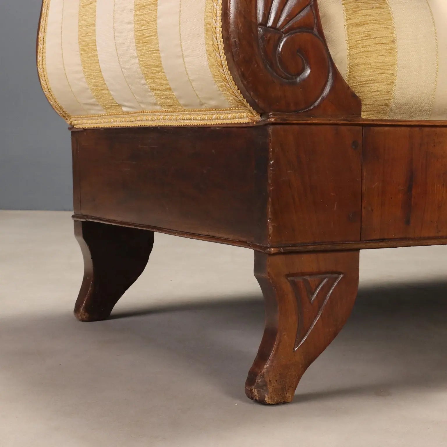Antique Sofa Walnut Carvings Fabric Italy XIX Century