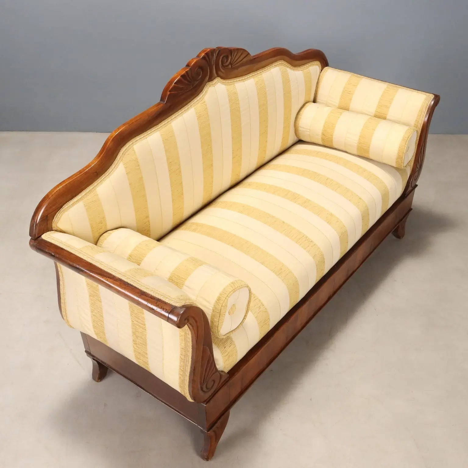 Antique Sofa Walnut Carvings Fabric Italy XIX Century