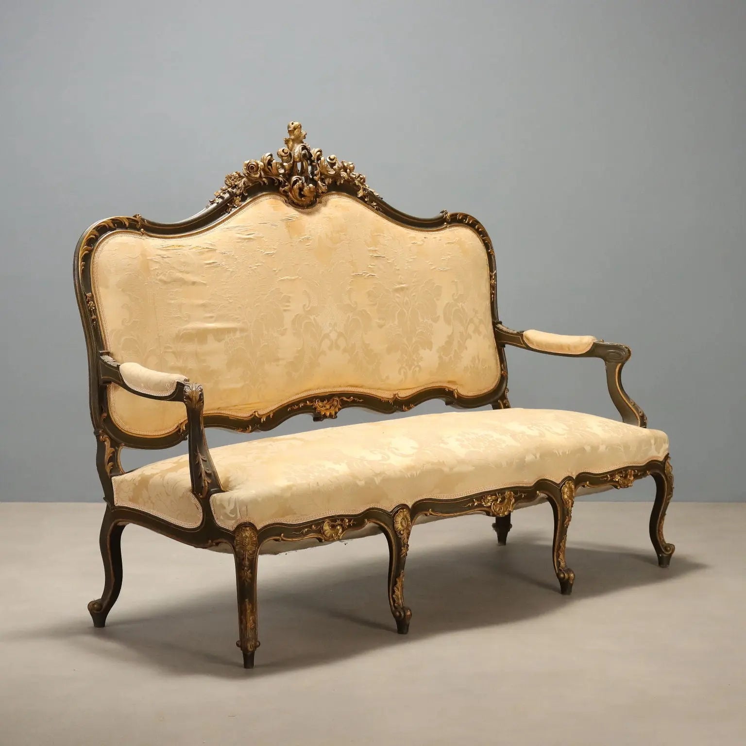 Antique Baroque Sofa Carved Wood Padding Italy XIX Century