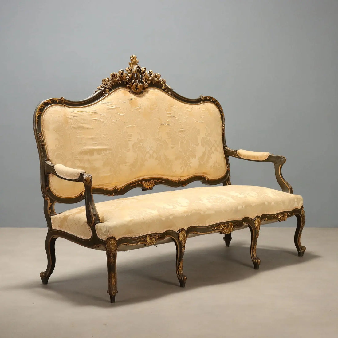 Antique Baroque Sofa Carved Wood Padding Italy XIX Century