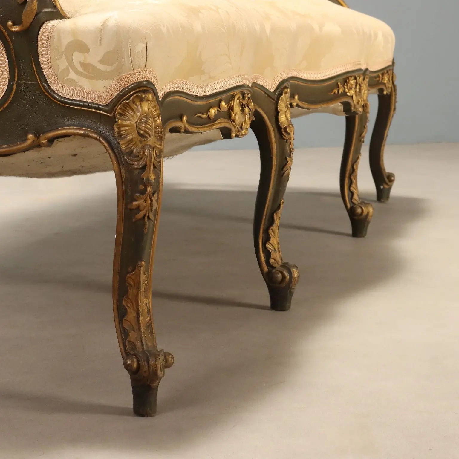 Antique Baroque Sofa Carved Wood Padding Italy XIX Century