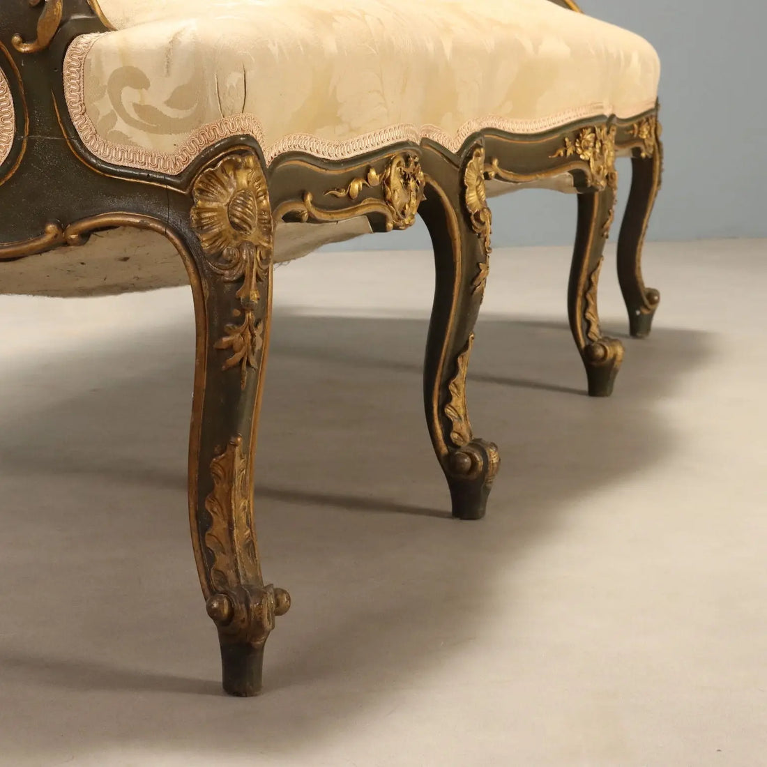 Antique Baroque Sofa Carved Wood Padding Italy XIX Century