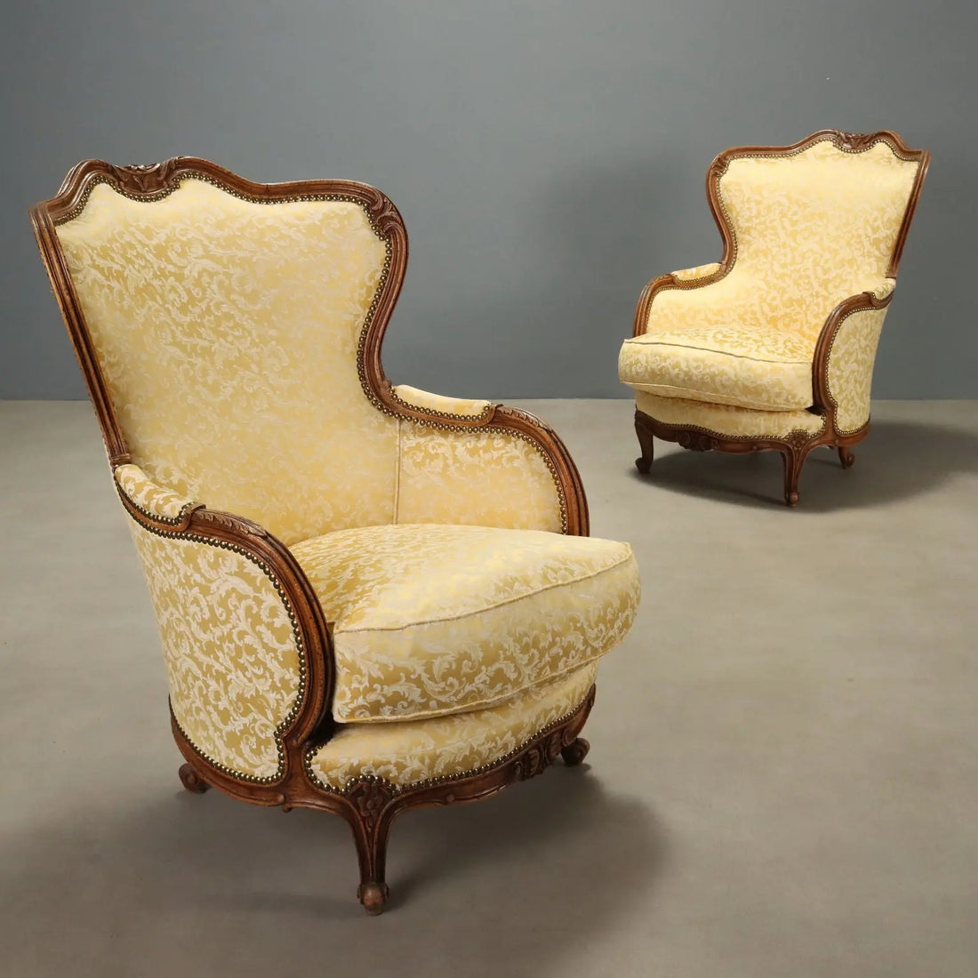Antique Armchairs Walnut Fabric Curly Feet Italy XX Century