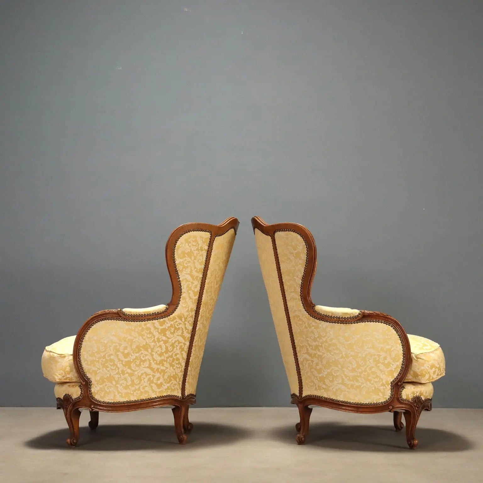 Antique Armchairs Walnut Fabric Curly Feet Italy XX Century