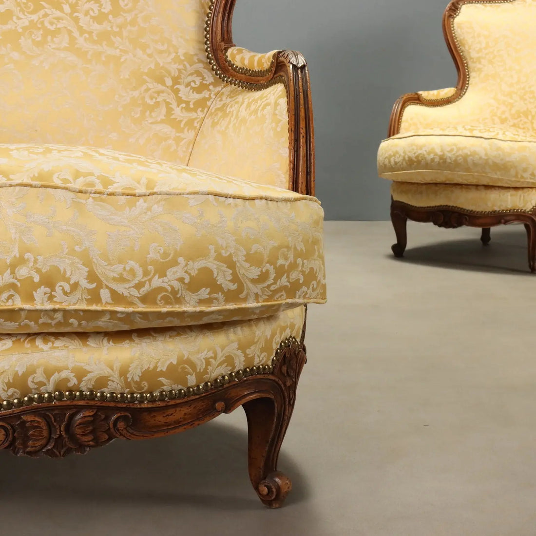 Antique Armchairs Walnut Fabric Curly Feet Italy XX Century
