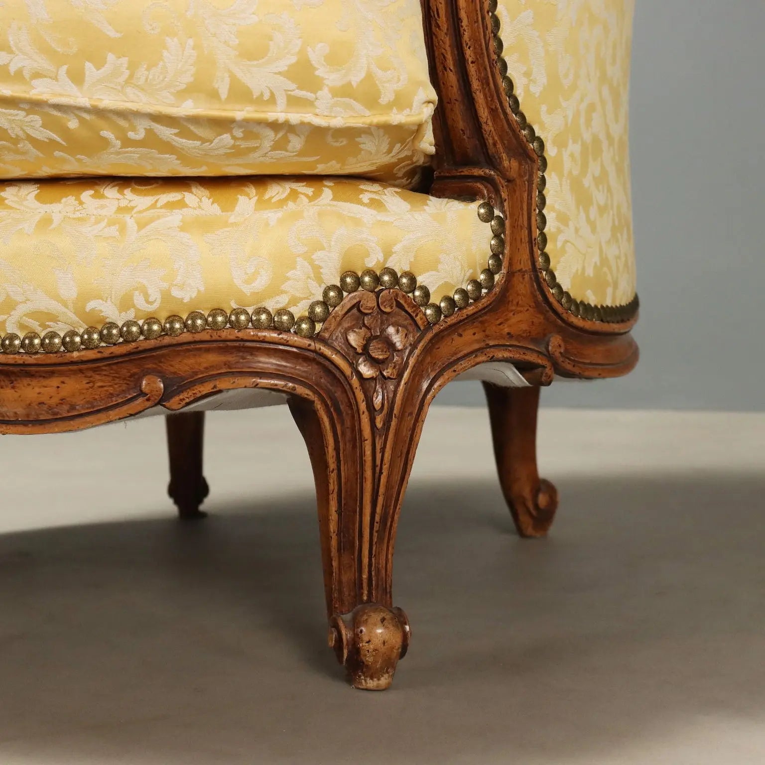 Antique Armchairs Walnut Fabric Curly Feet Italy XX Century