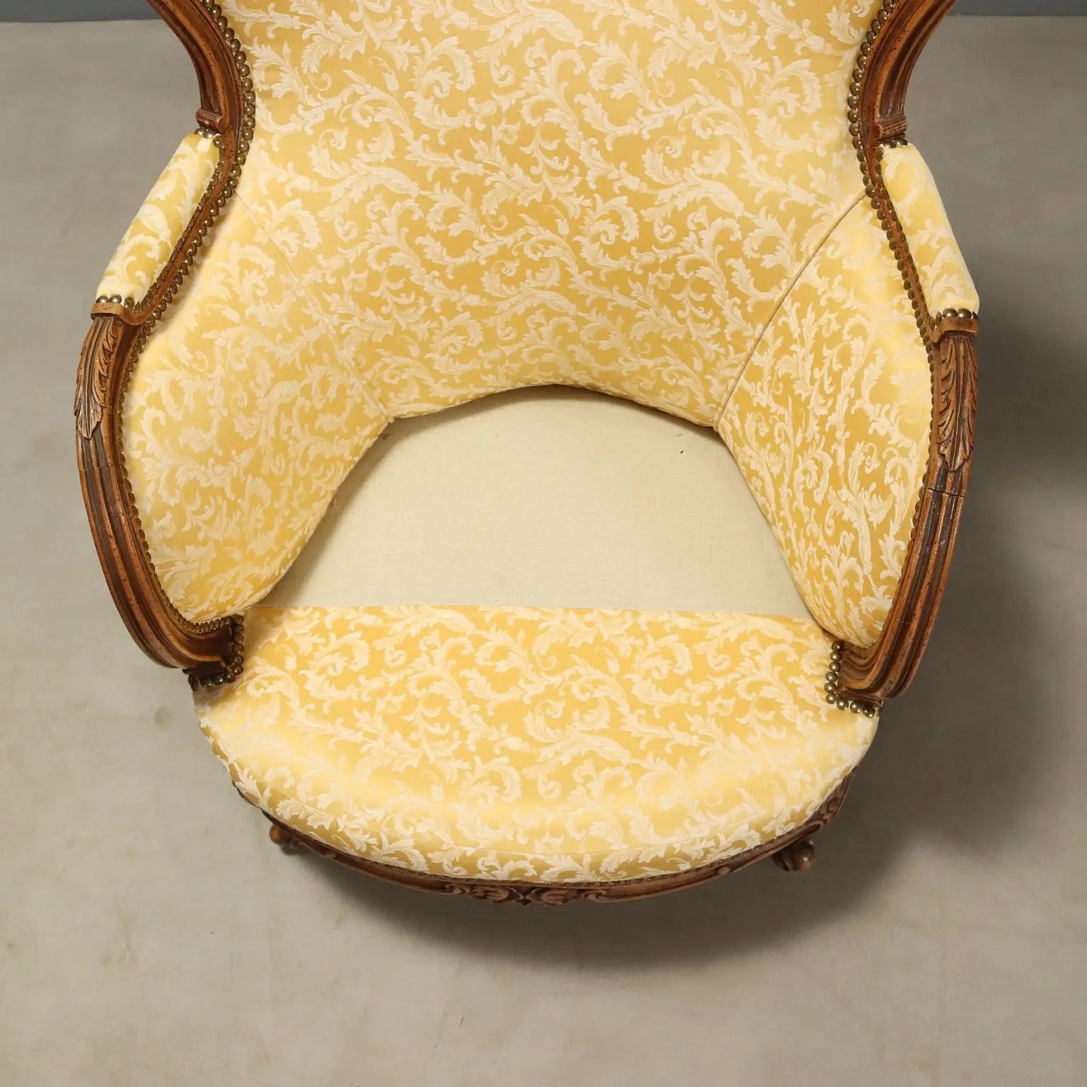 Antique Armchairs Walnut Fabric Curly Feet Italy XX Century