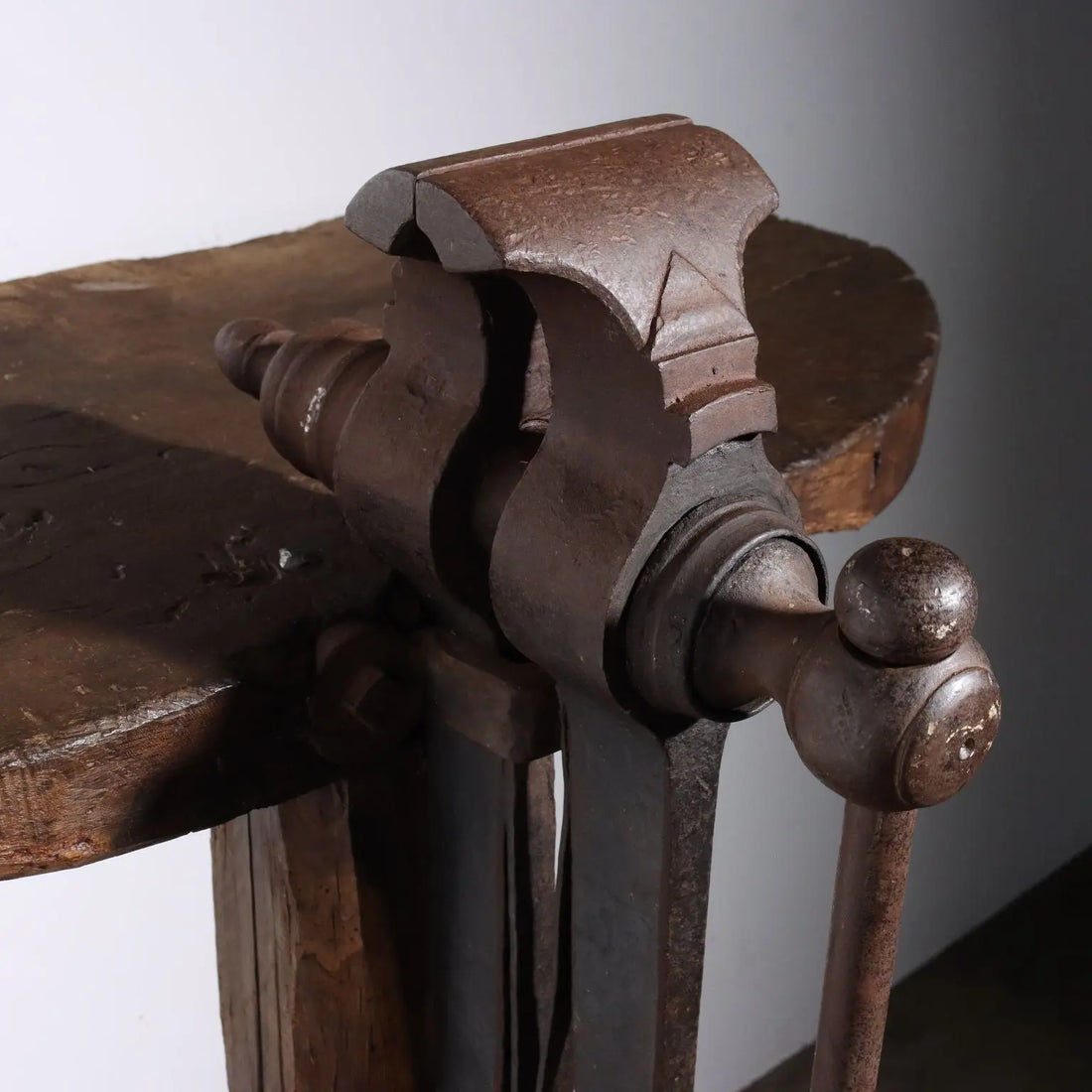 Oak Work Shelf with Iron Vise