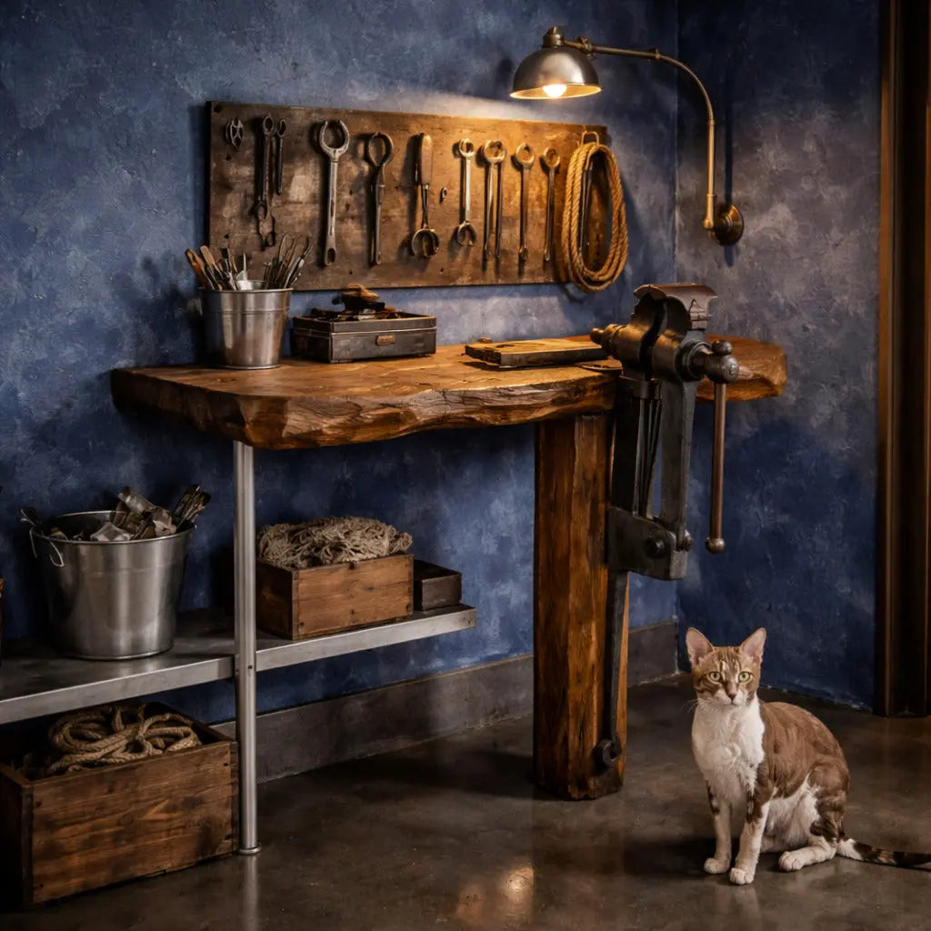 Antique Shelf Oak Wrought Iron Vise Italy XX Century Restored - Console with Vise | Antiques | Consoles