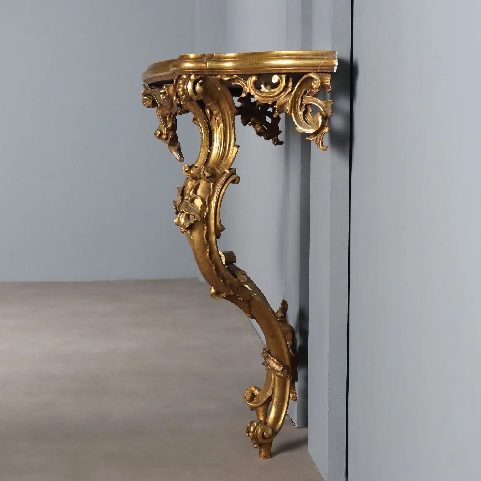 Rococo Console in Gilded Wood with Marble