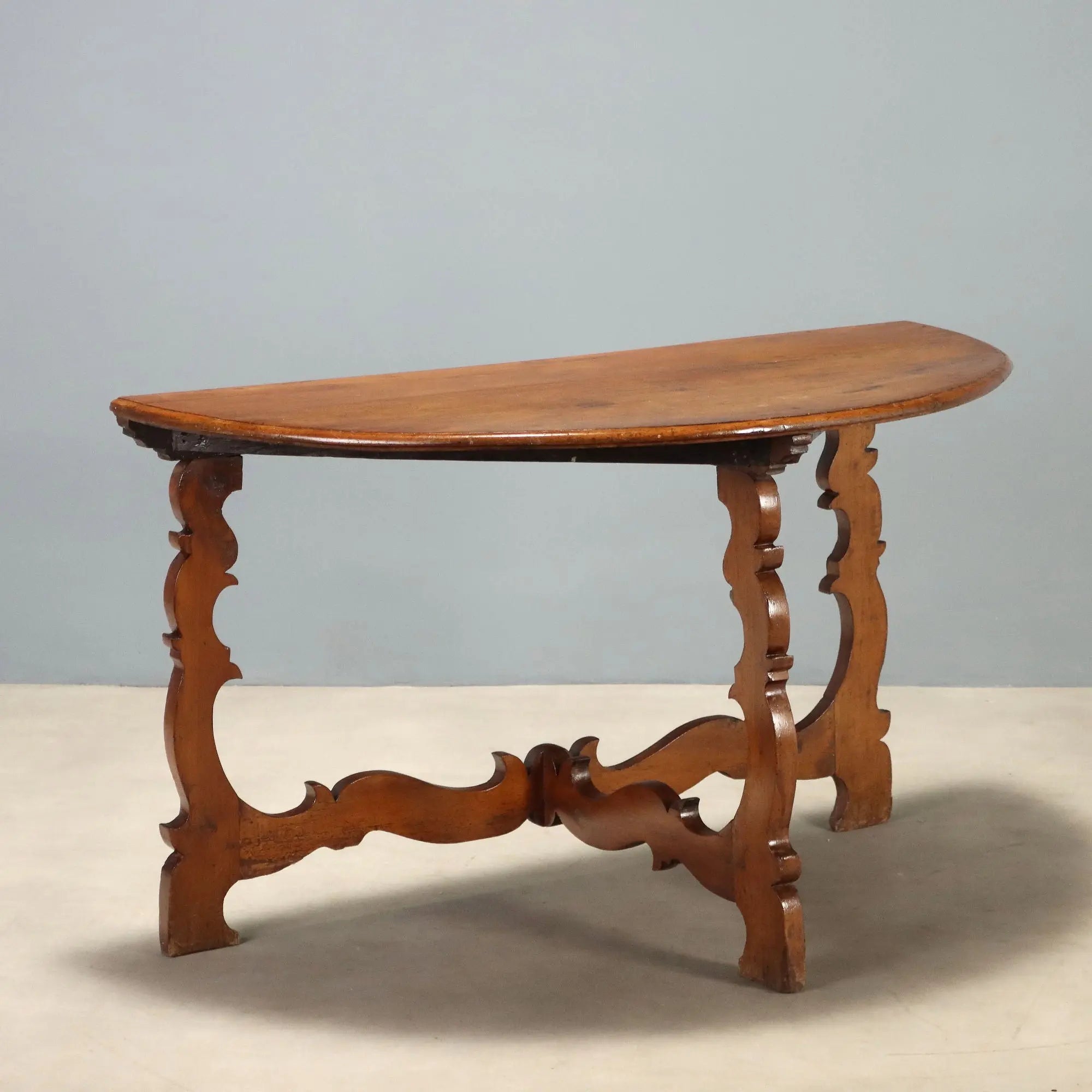 Antique Baroque Console Walnut Half-Moon Top Italy XVIII Century
