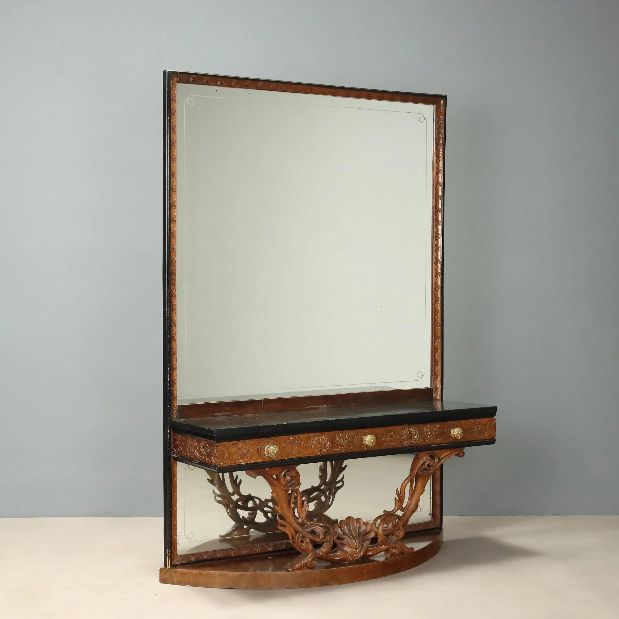 Antique Console with Mirror Walnut Green Marble Italy XX Century