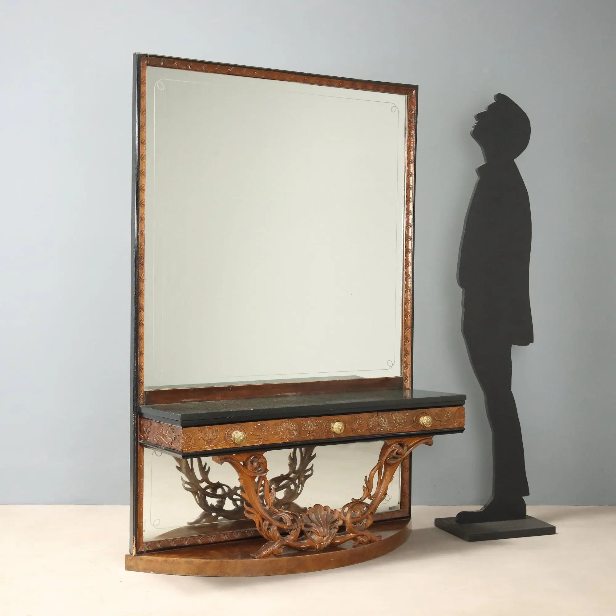 Antique Console with Mirror Walnut Green Marble Italy XX Century