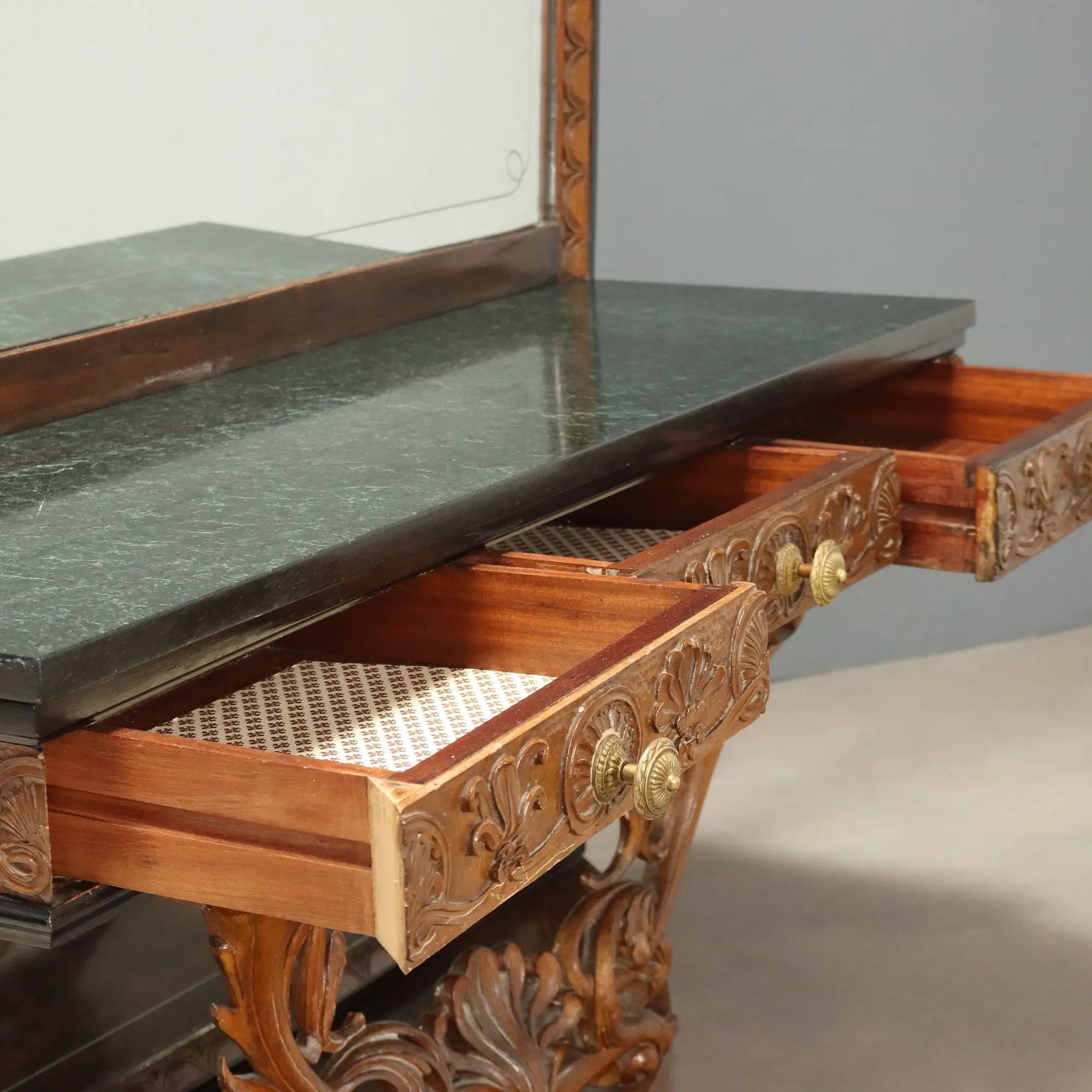 Antique Console with Mirror Walnut Green Marble Italy XX Century