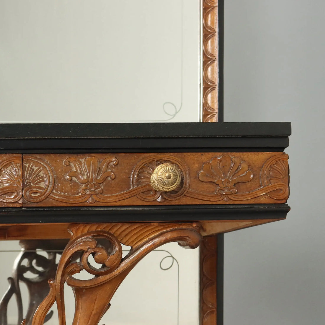 Antique Console with Mirror Walnut Green Marble Italy XX Century
