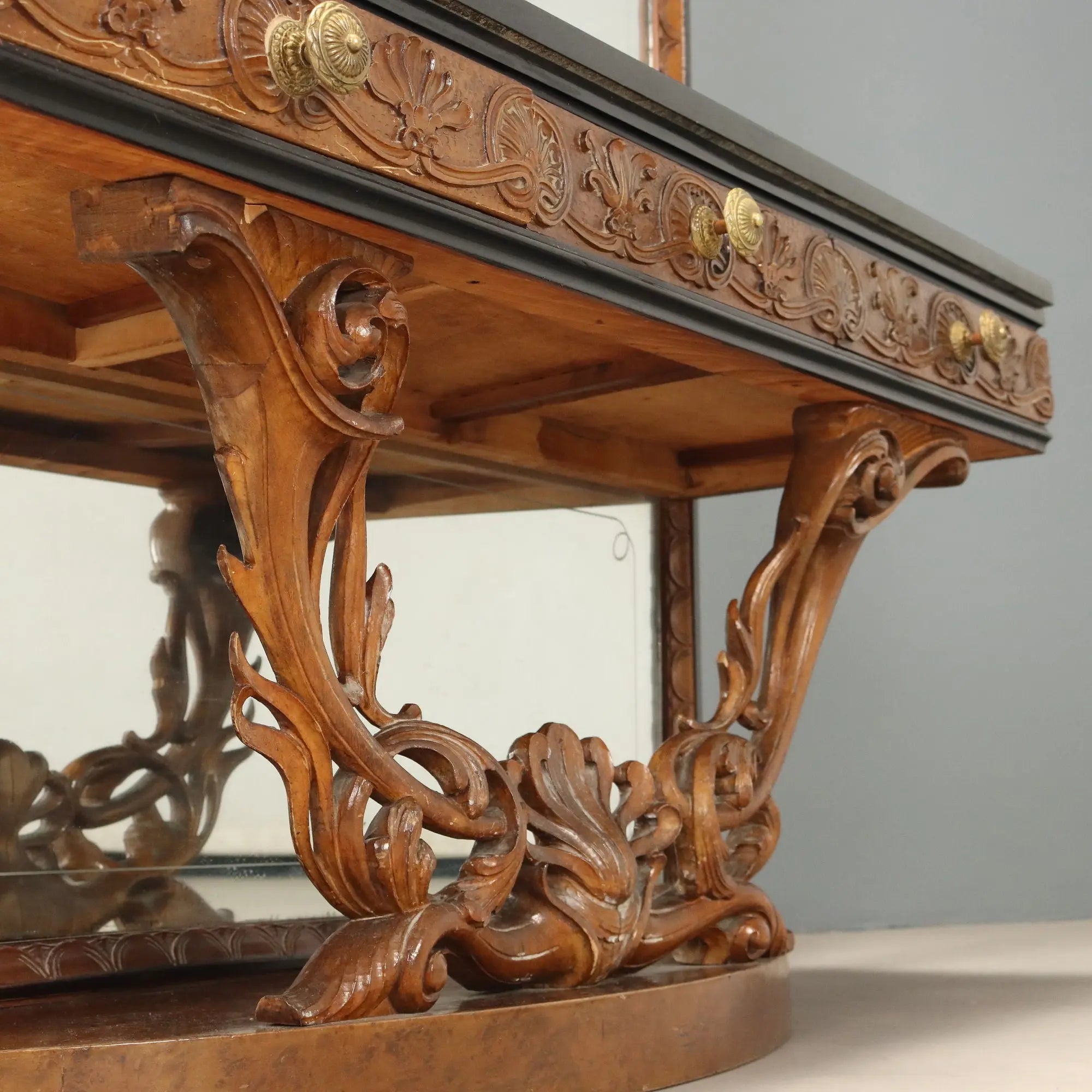Antique Console with Mirror Walnut Green Marble Italy XX Century