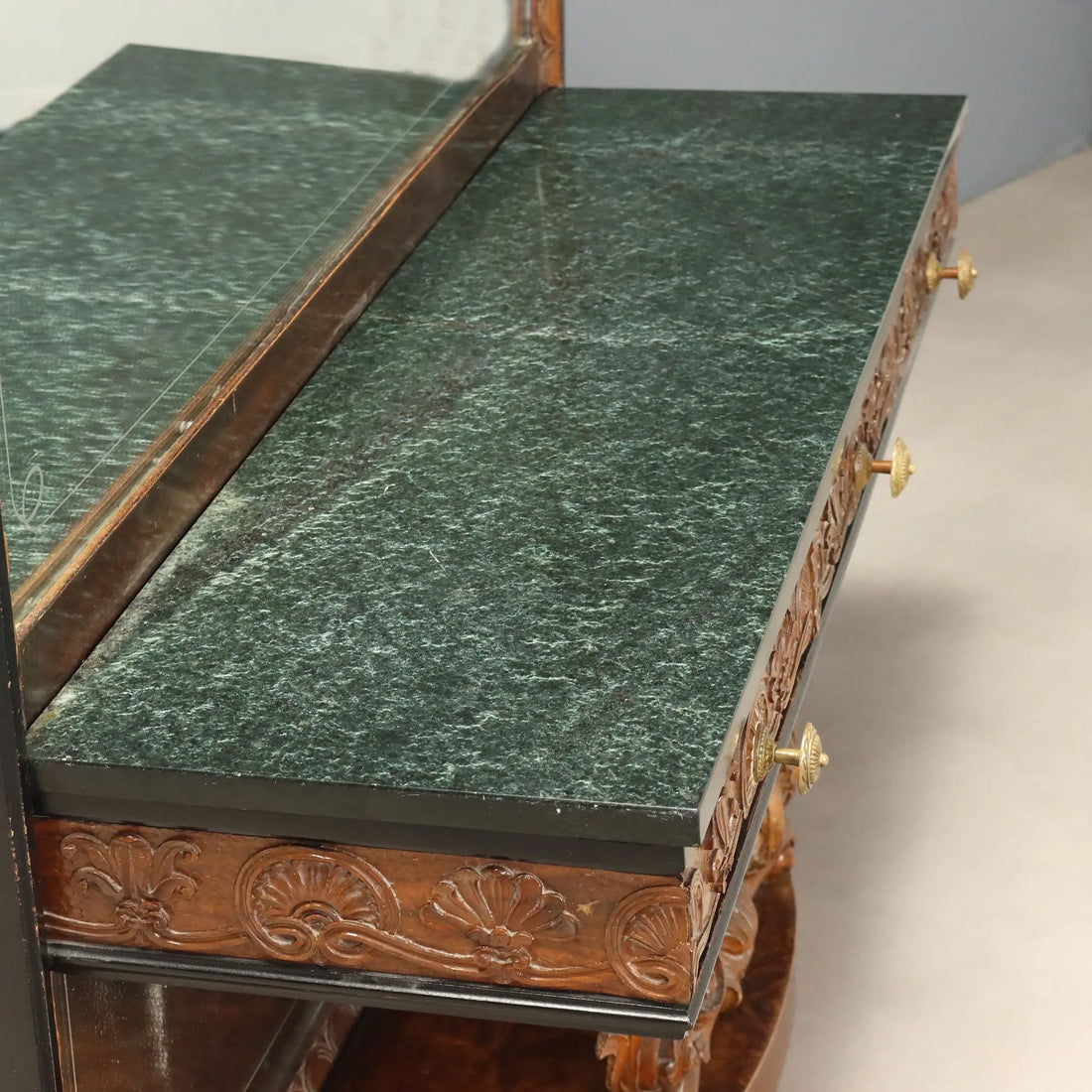 Antique Console with Mirror Walnut Green Marble Italy XX Century
