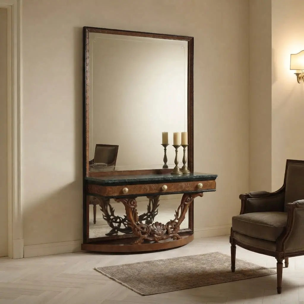 Antique Console with Mirror Walnut Green Marble Italy XX Century
