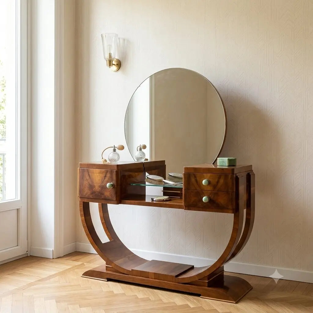 Antique Art Deco Dressing Table Walnut Mirror Italy XX Century