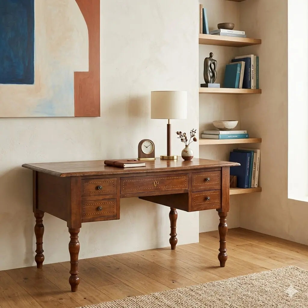 Antique Writing Desk Walnut Woods Italy XX Century