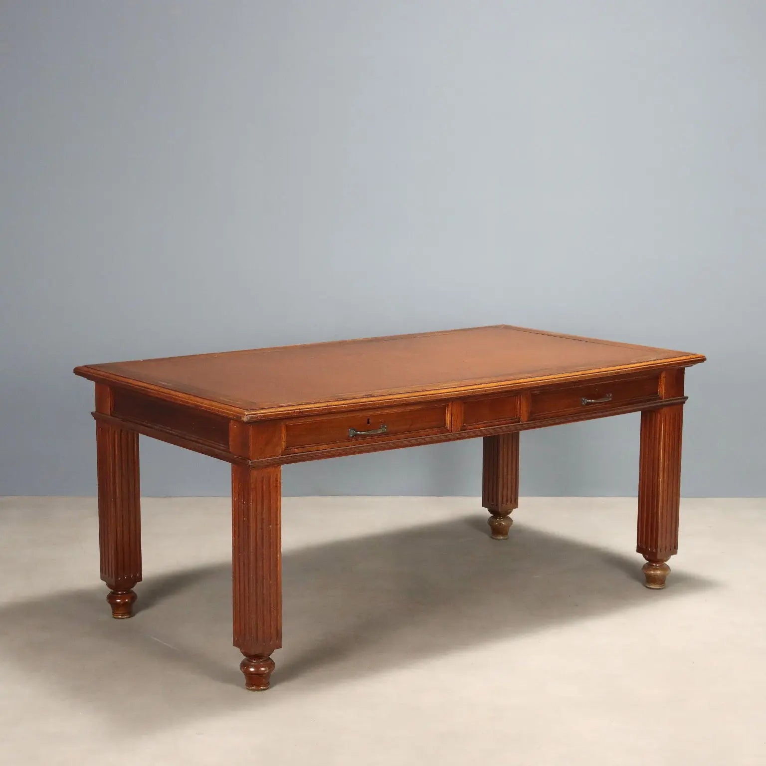 Antique Writing Desk Walnut Brown Leather Italy XIX Century