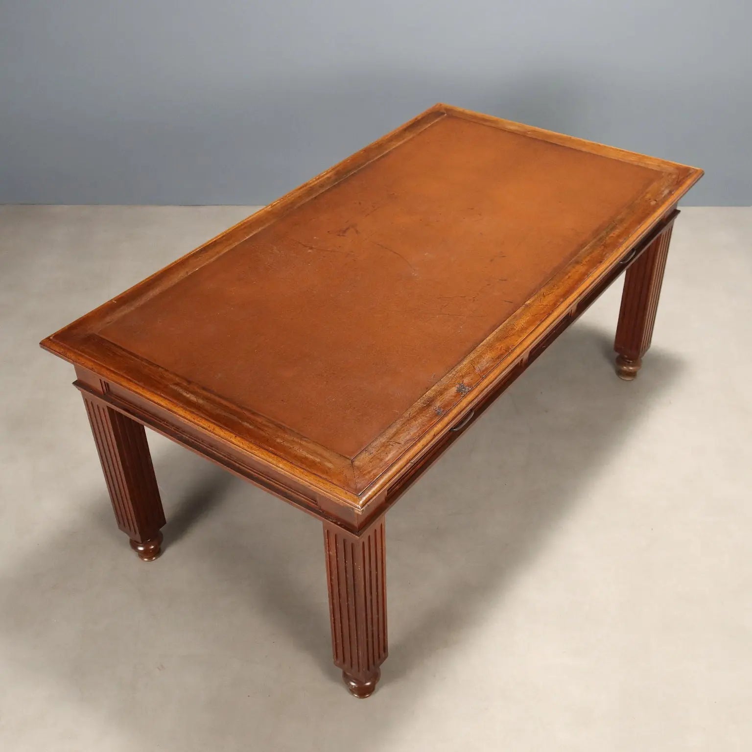 Antique Writing Desk Walnut Brown Leather Italy XIX Century