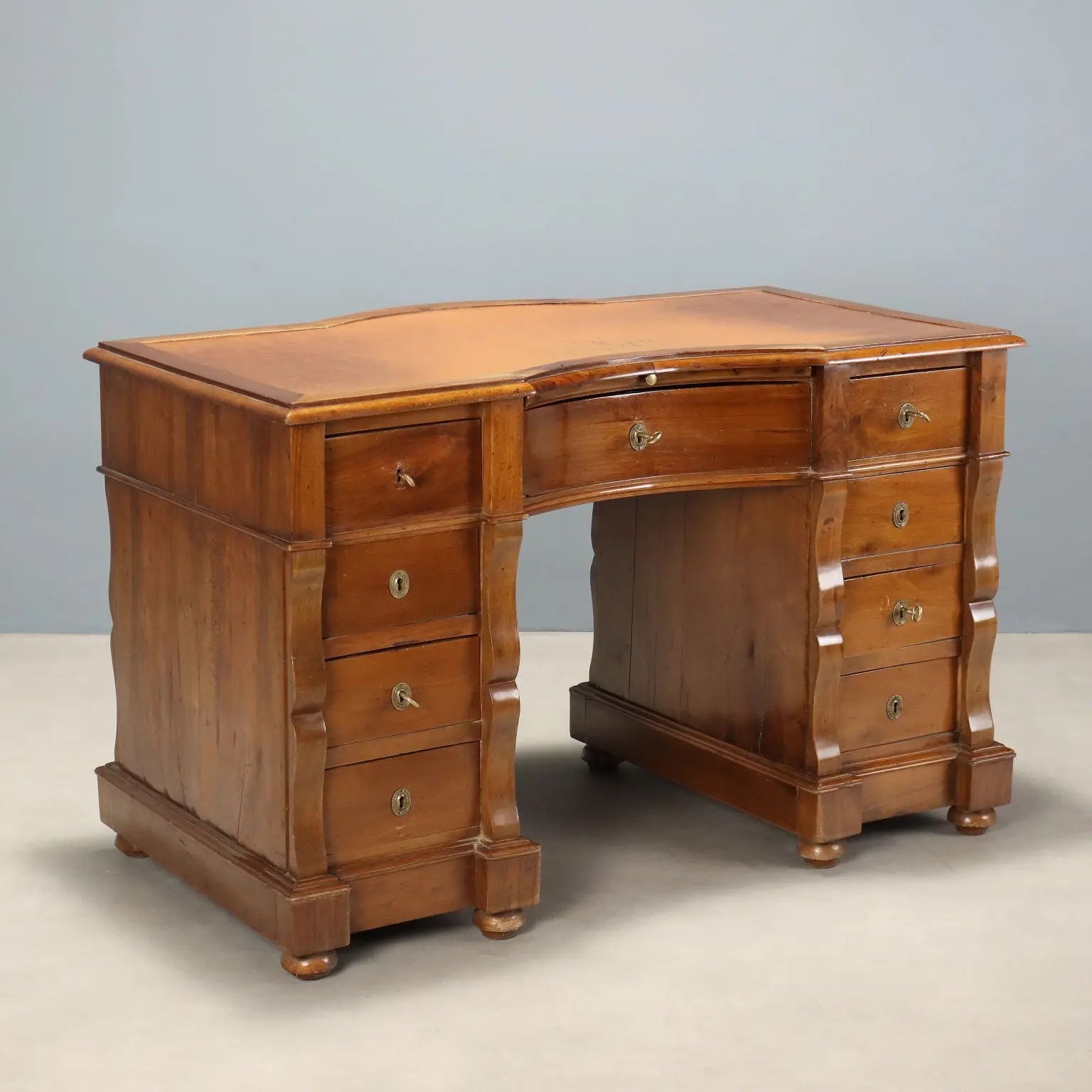 Antique Writing Desk Umbertino Walnut Leather XIX Century