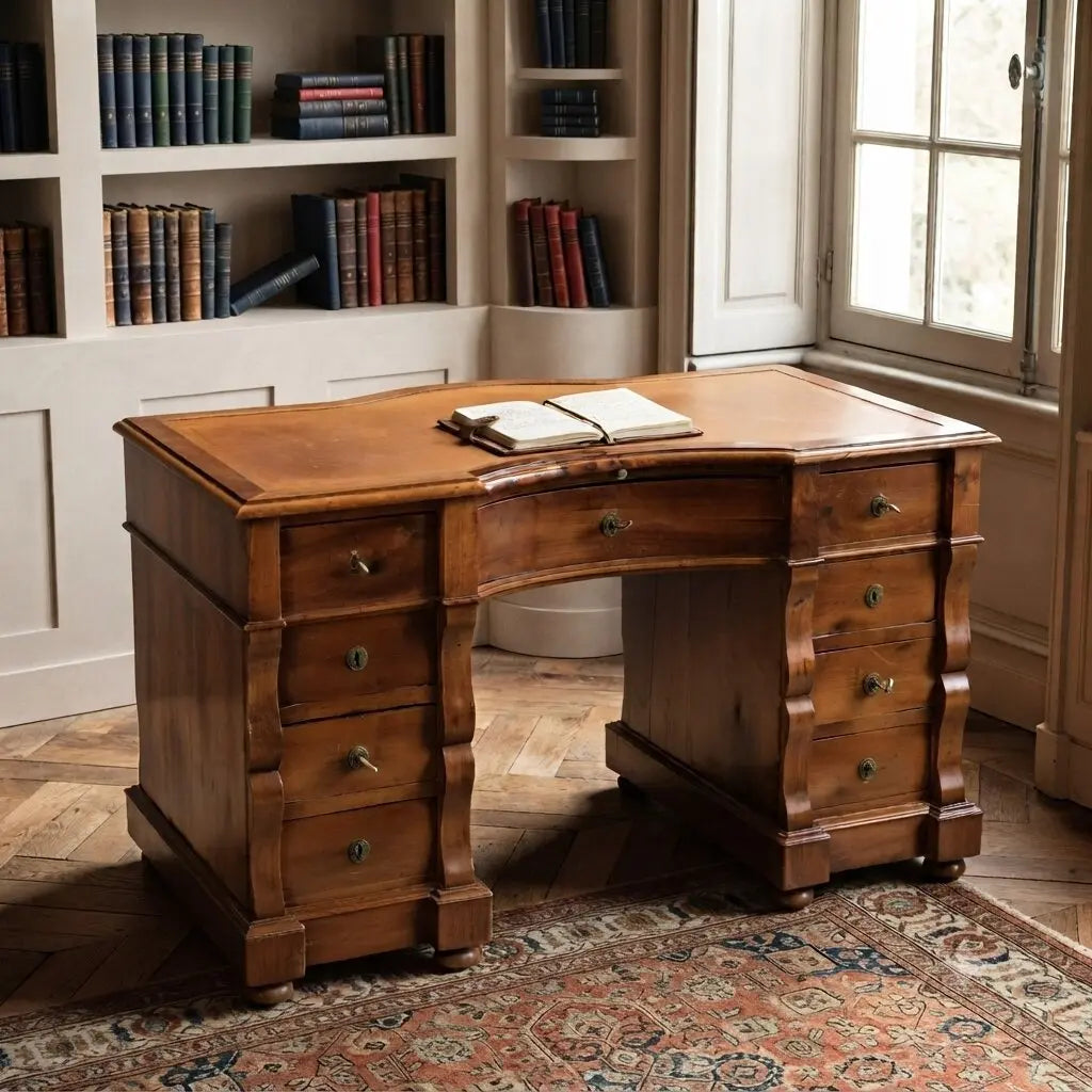 Antique Writing Desk Umbertino Walnut Leather XIX Century